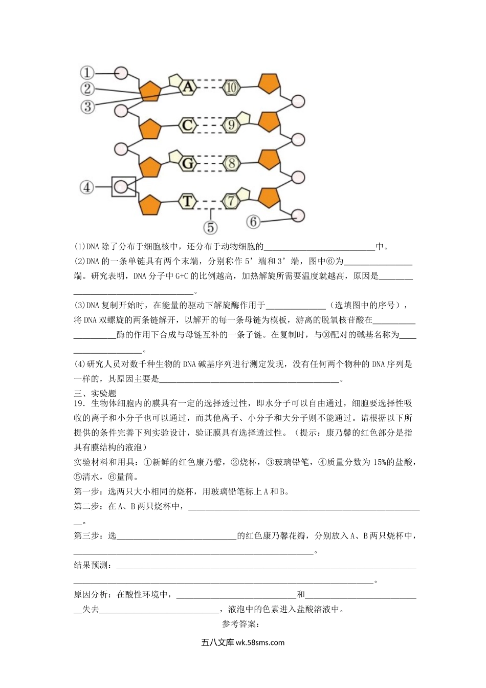 2023年山西普通高中学业水平考试生物试题及答案.doc_第3页