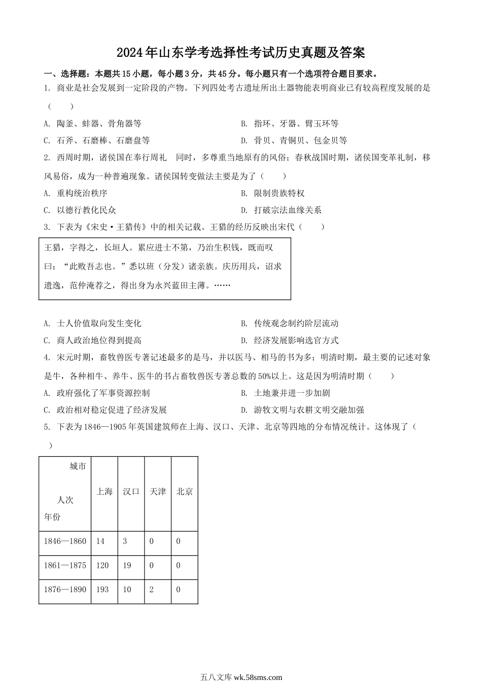 2024年山东学考选择性考试历史真题及答案.doc_第1页