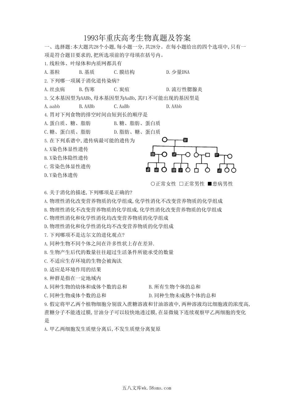 1993年重庆高考生物真题及答案.doc_第1页