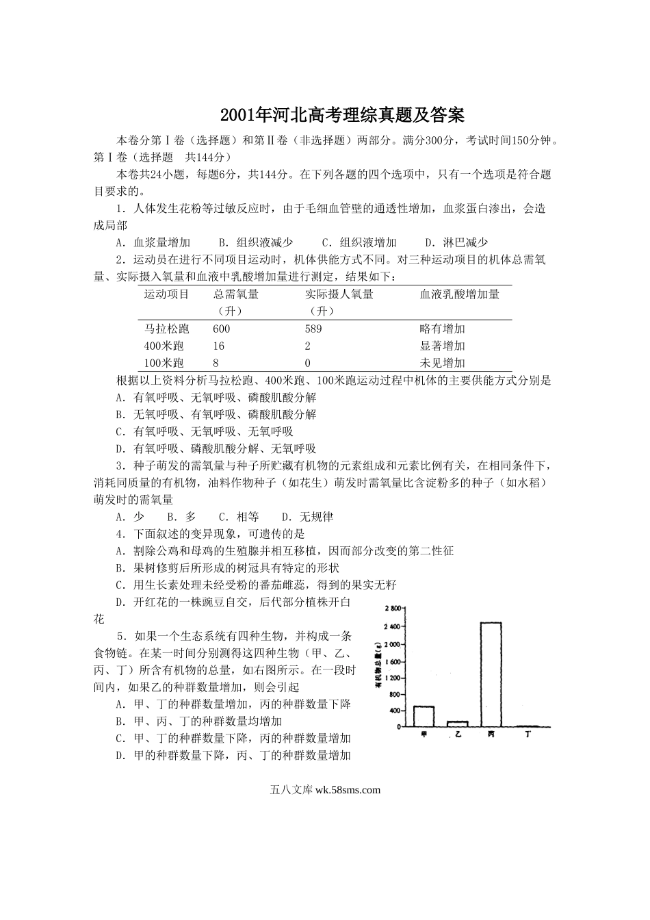 2001年河北高考理综真题及答案.doc_第1页