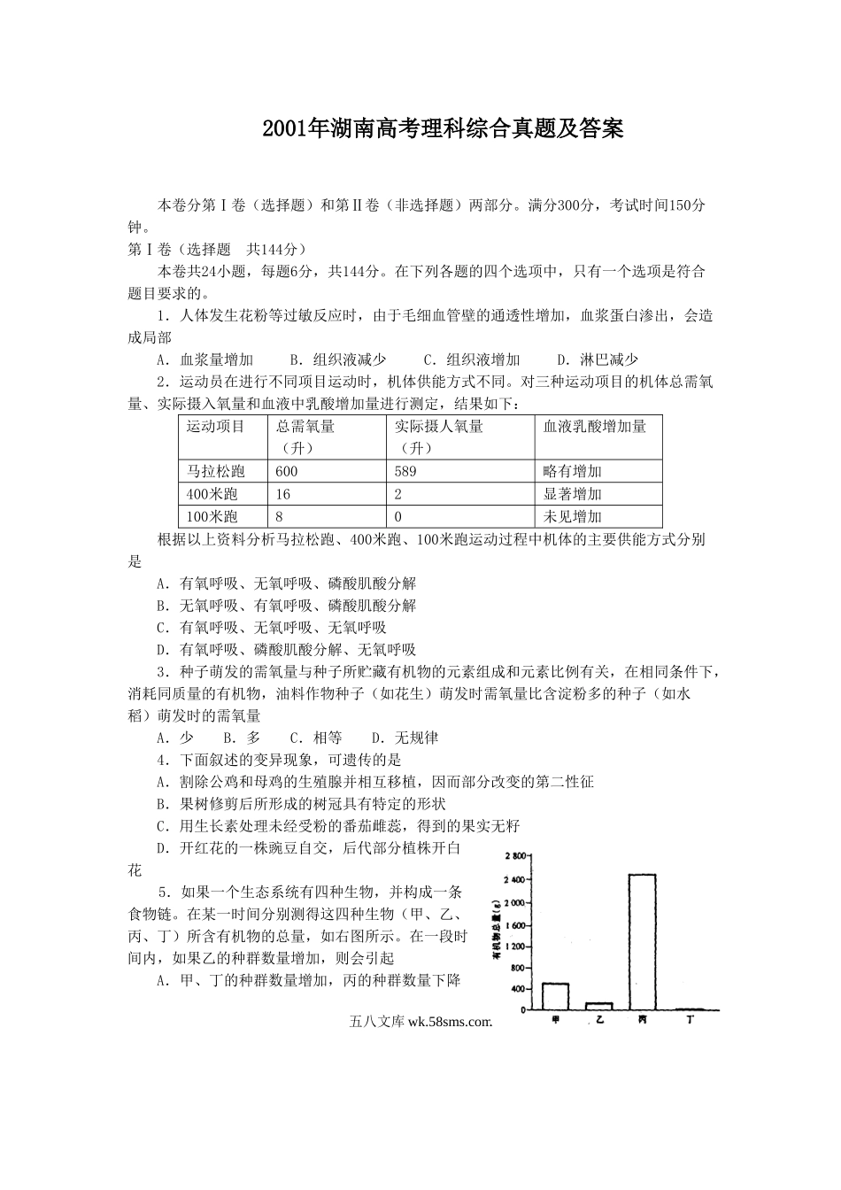 2001年湖南高考理科综合真题及答案.doc_第1页