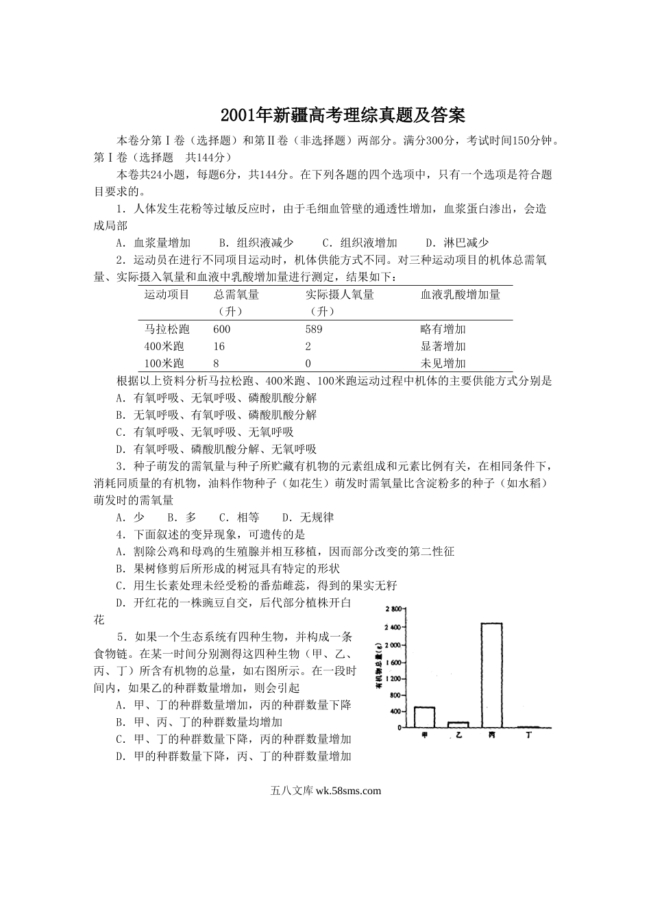 2001年新疆高考理综真题及答案.doc_第1页