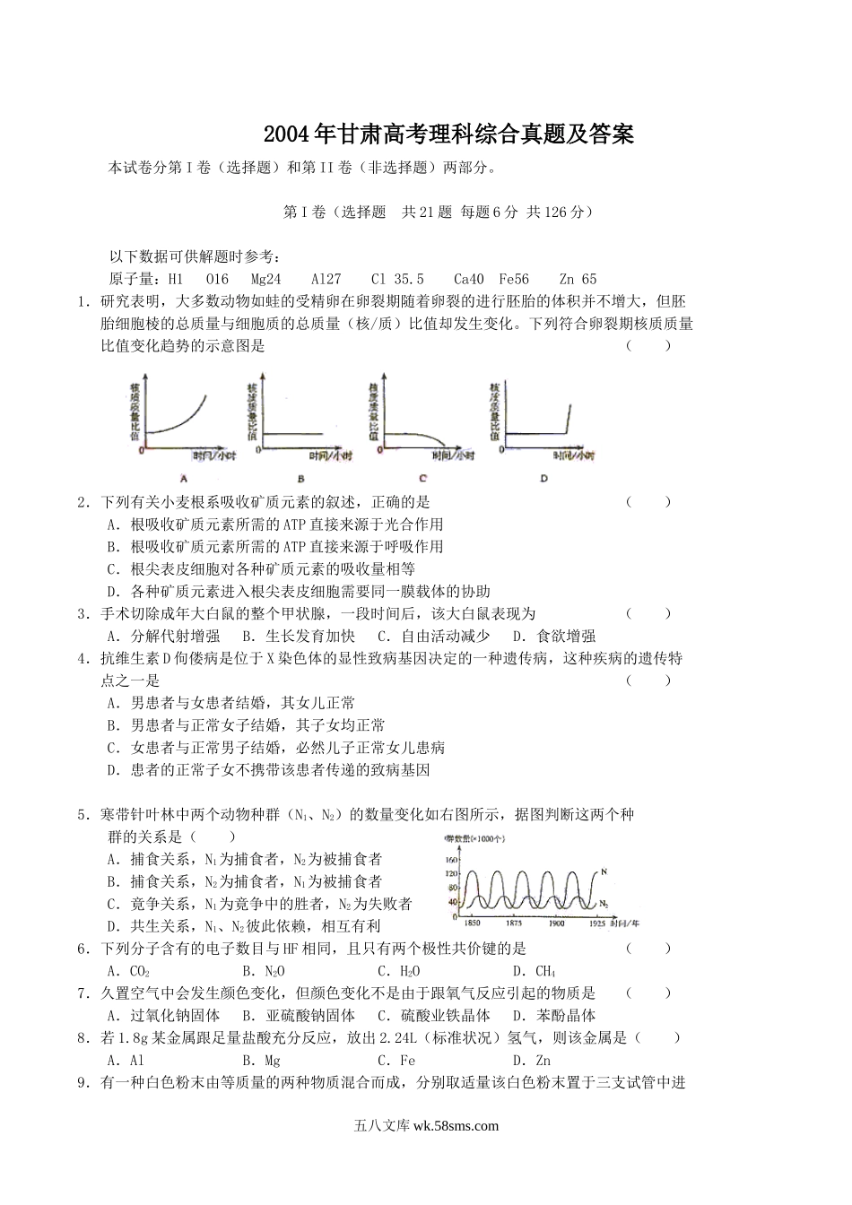 2004年甘肃高考理科综合真题及答案.doc_第1页