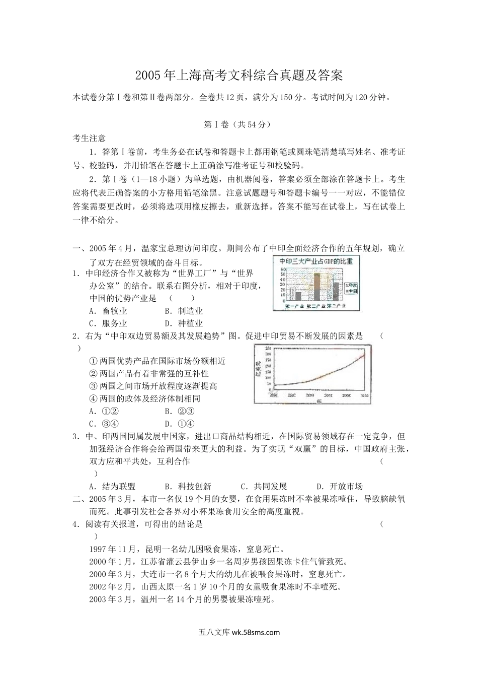 2005年上海高考文科综合真题及答案.doc_第1页