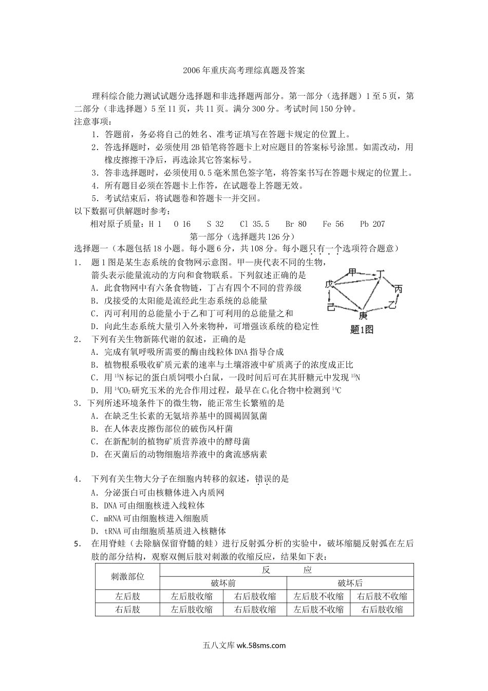 2006年重庆高考理综真题及答案.doc_第1页