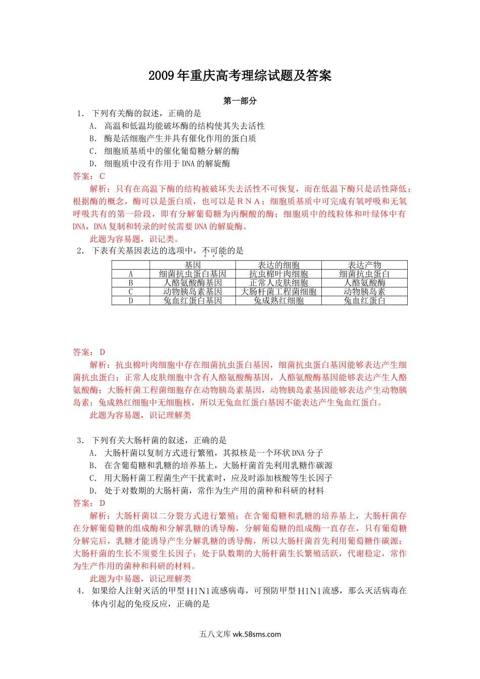 2009年重庆高考理综试题及答案.doc_第1页