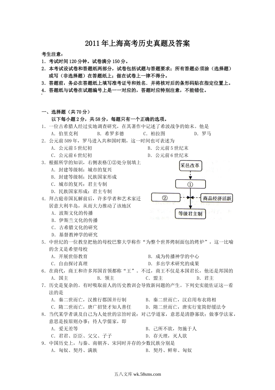 2011年上海高考历史真题及答案.doc_第1页