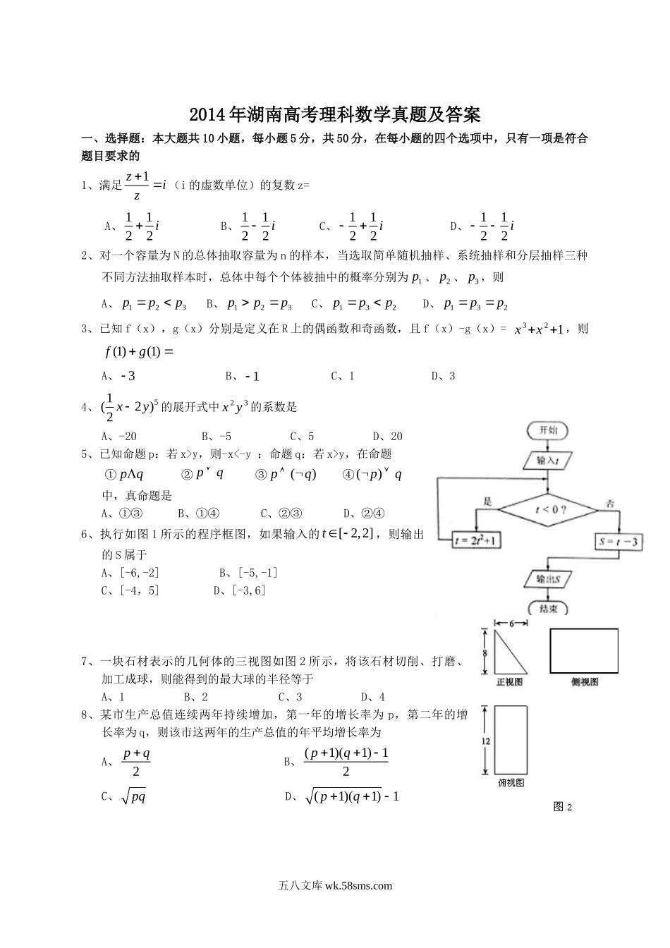 2014年湖南高考理科数学真题及答案.doc_第1页