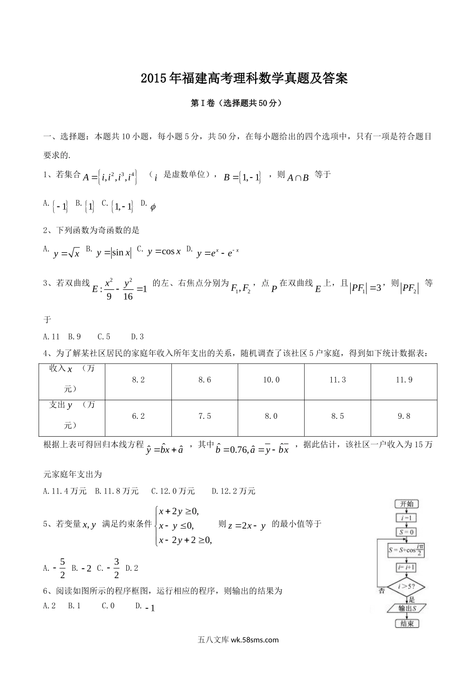 2015年福建高考理科数学真题及答案.doc_第1页