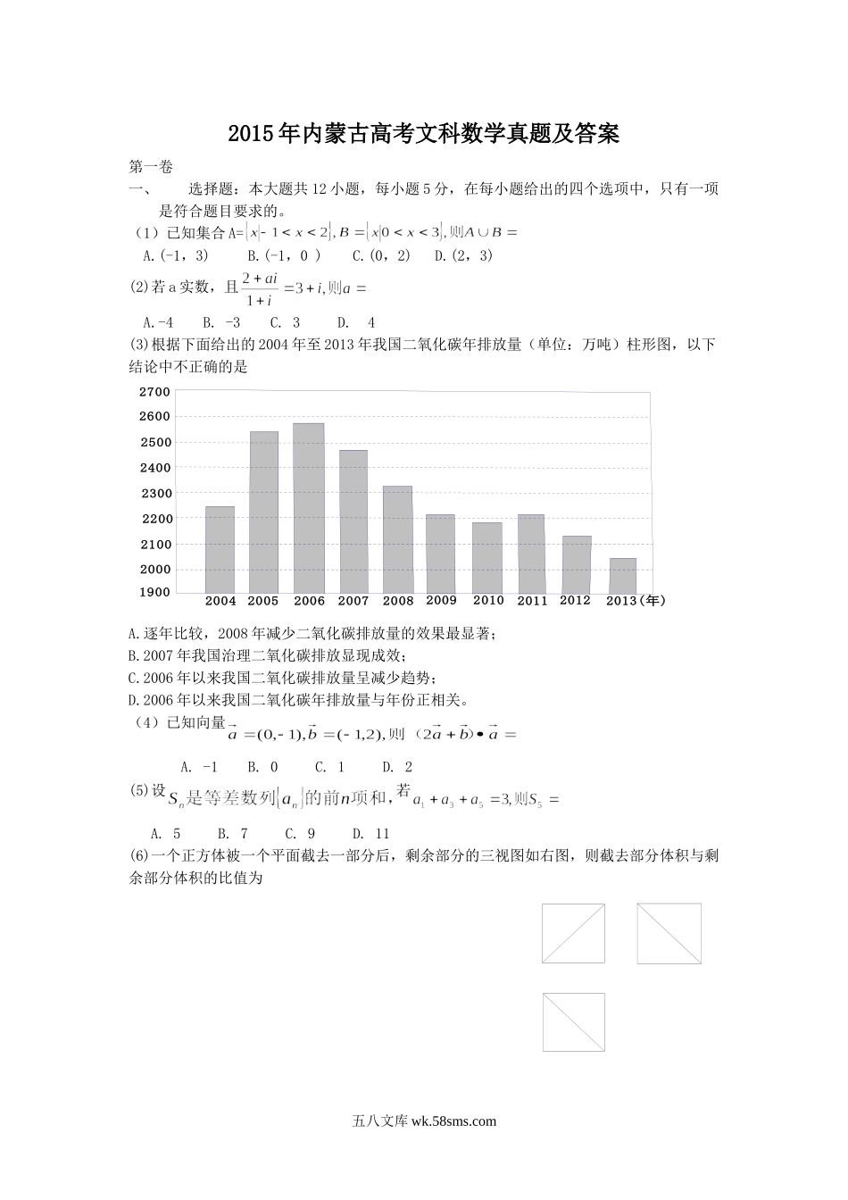 2015年内蒙古高考文科数学真题及答案.doc_第1页