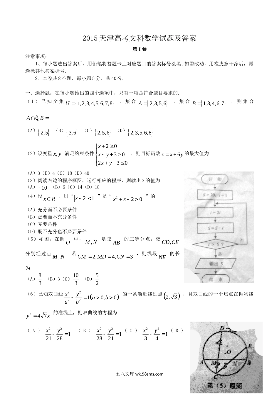 2015天津高考文科数学试题及答案.doc_第1页