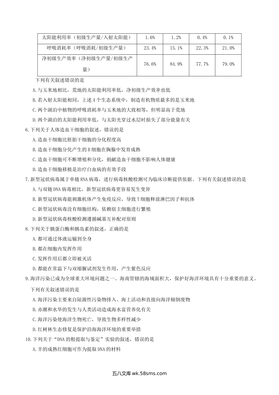 2020年海南高考生物真题及答案.doc_第2页