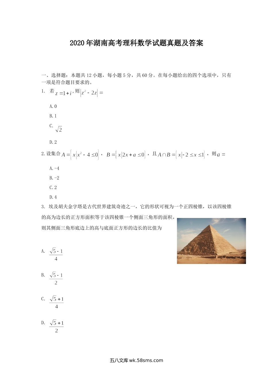 2020年湖南高考理科数学试题真题及答案.doc_第1页