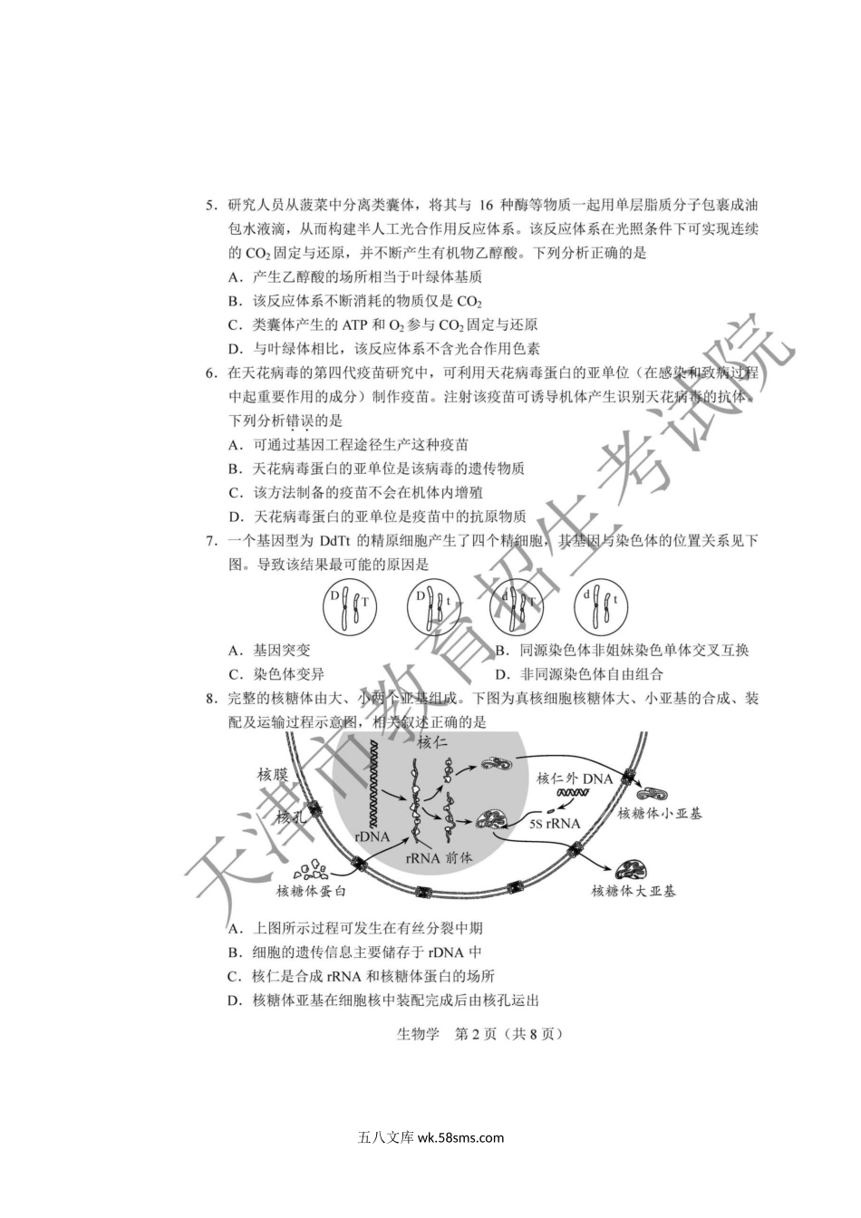 2020年天津高考生物试题真题及答案.doc_第3页