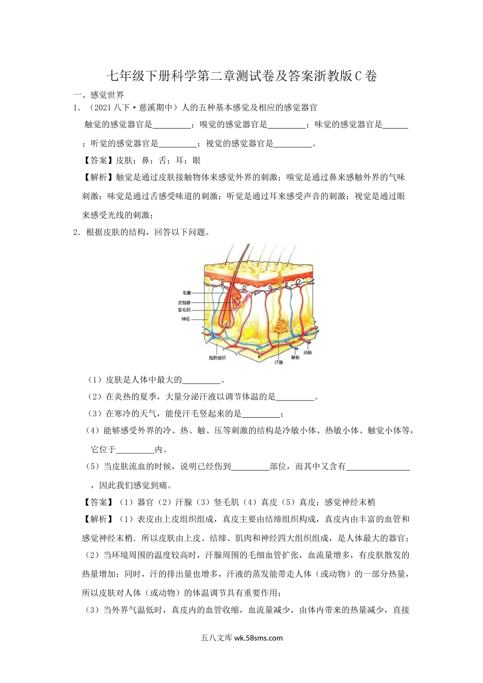 七年级下册科学第二章测试卷及答案浙教版C卷.doc_第1页