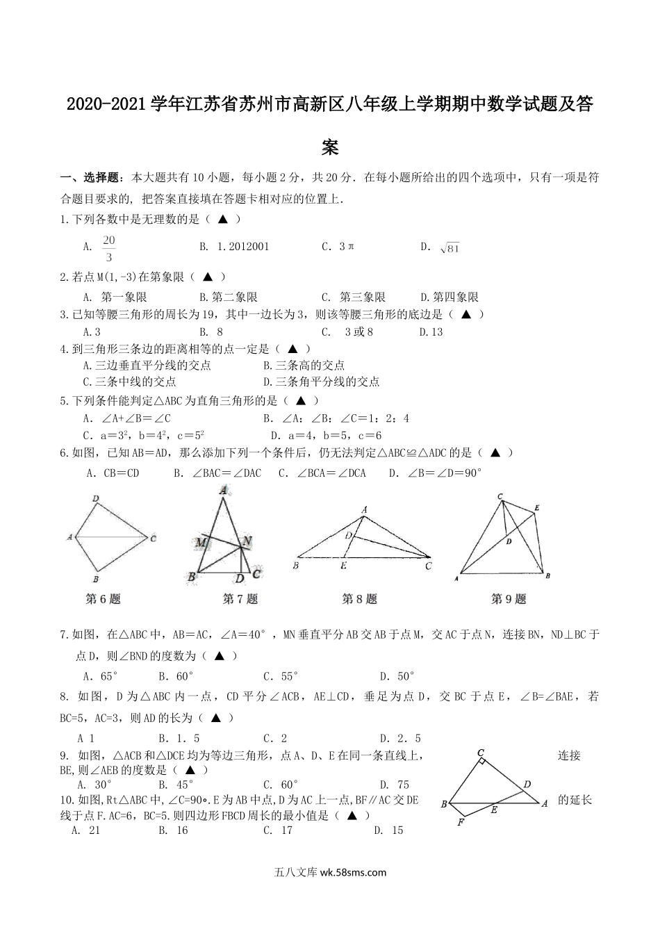 2020-2021学年江苏省苏州市高新区八年级上学期期中数学试题及答案.doc_第1页