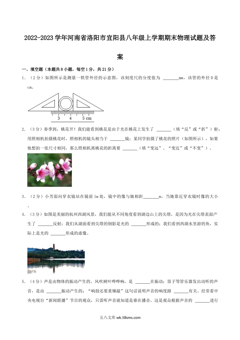 2022-2023学年河南省洛阳市宜阳县八年级上学期期末物理试题及答案.doc_第1页