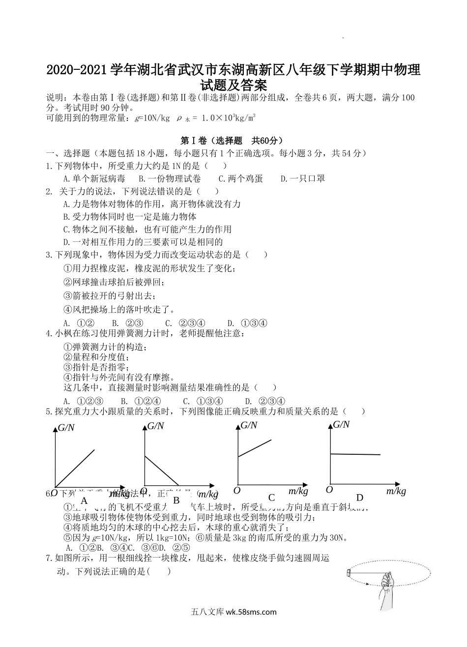 2020-2021学年湖北省武汉市东湖高新区八年级下学期期中物理试题及答案.doc_第1页