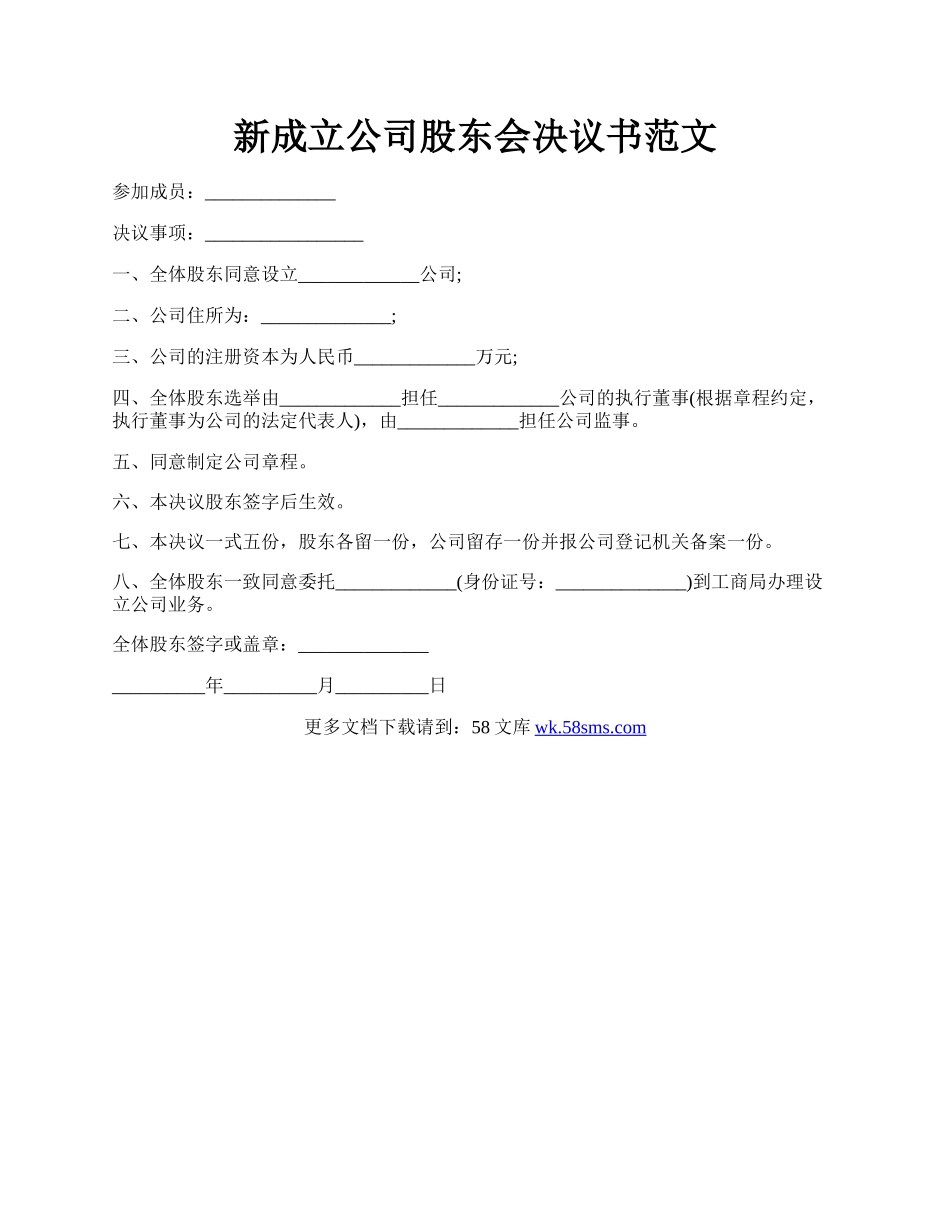 新成立公司股东会决议书范文.docx_第1页