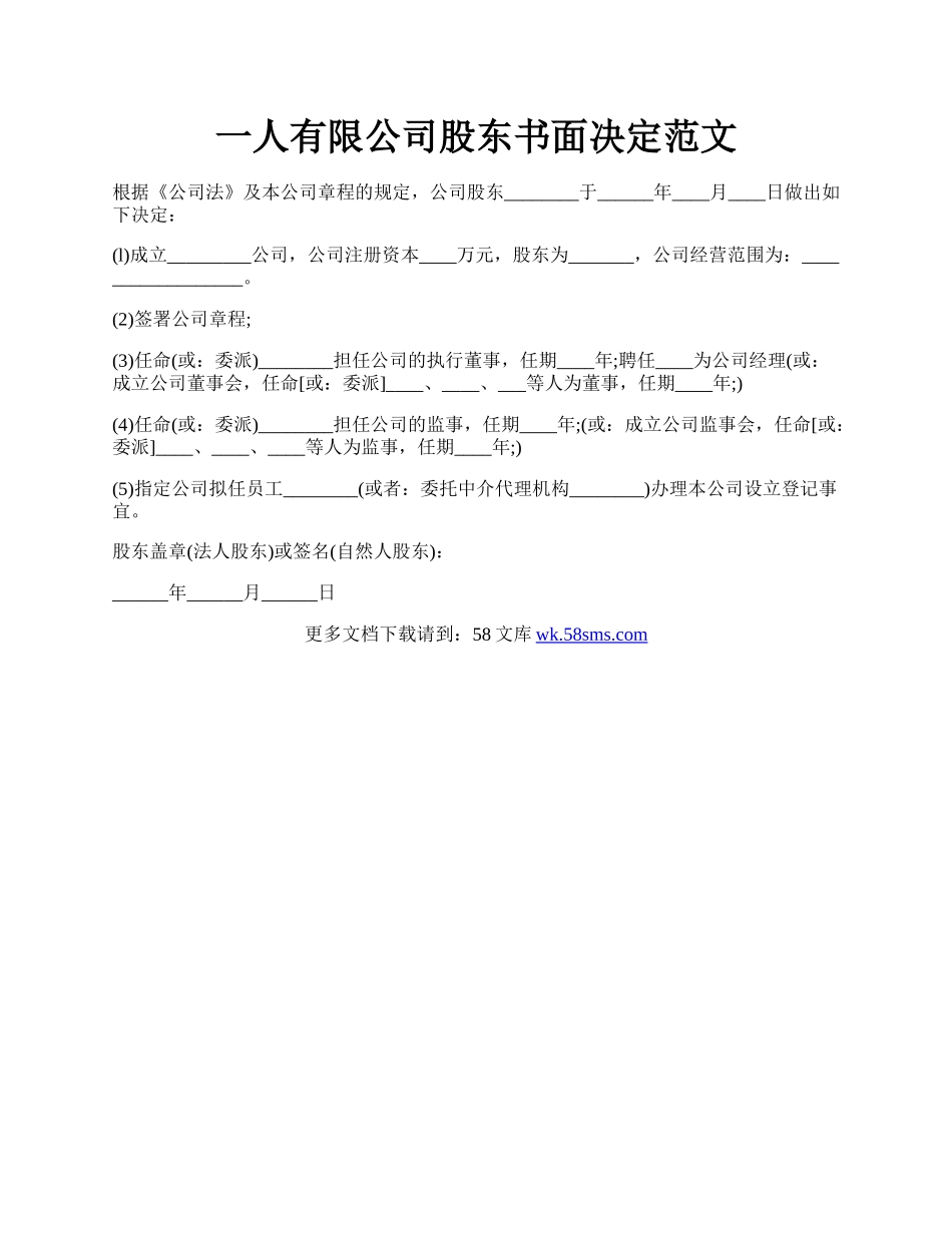 一人有限公司股东书面决定范文.docx_第1页