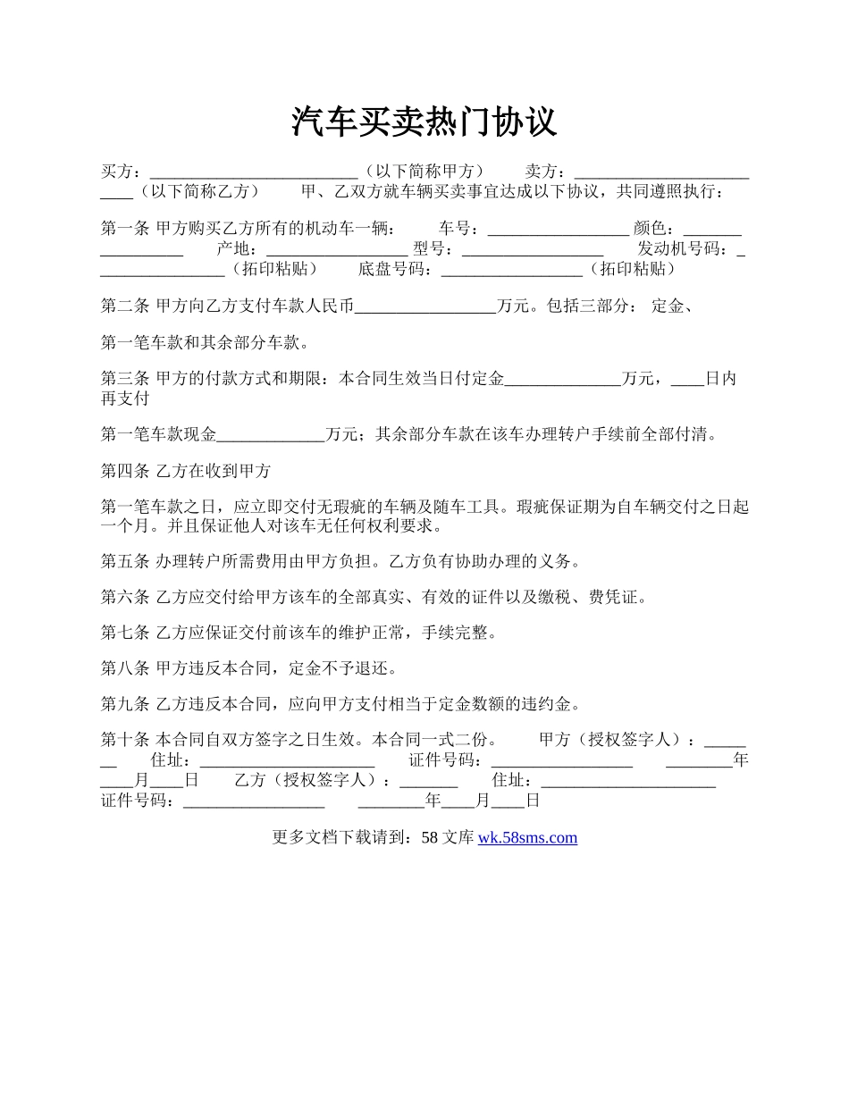 汽车买卖热门协议.docx_第1页