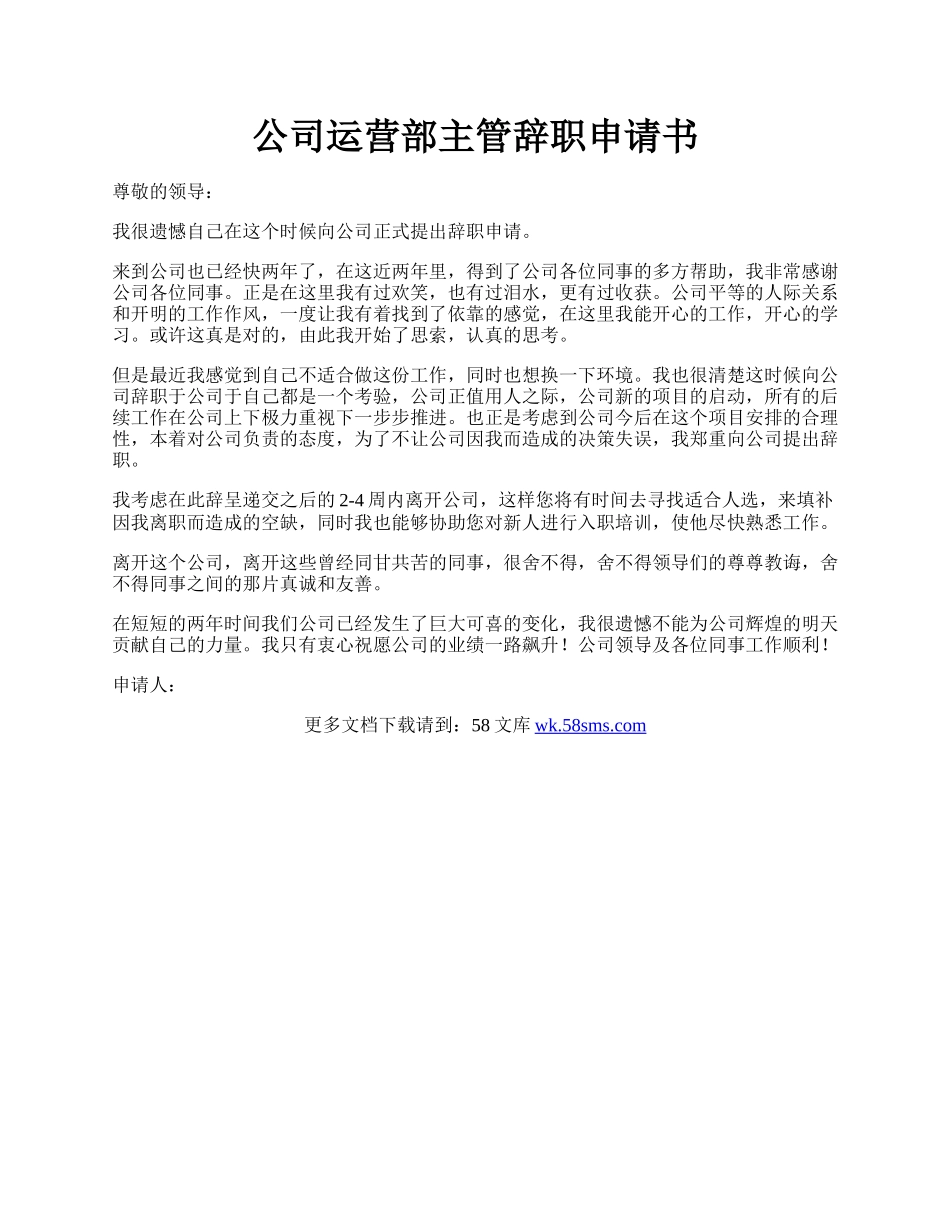 公司运营部主管辞职申请书.docx_第1页