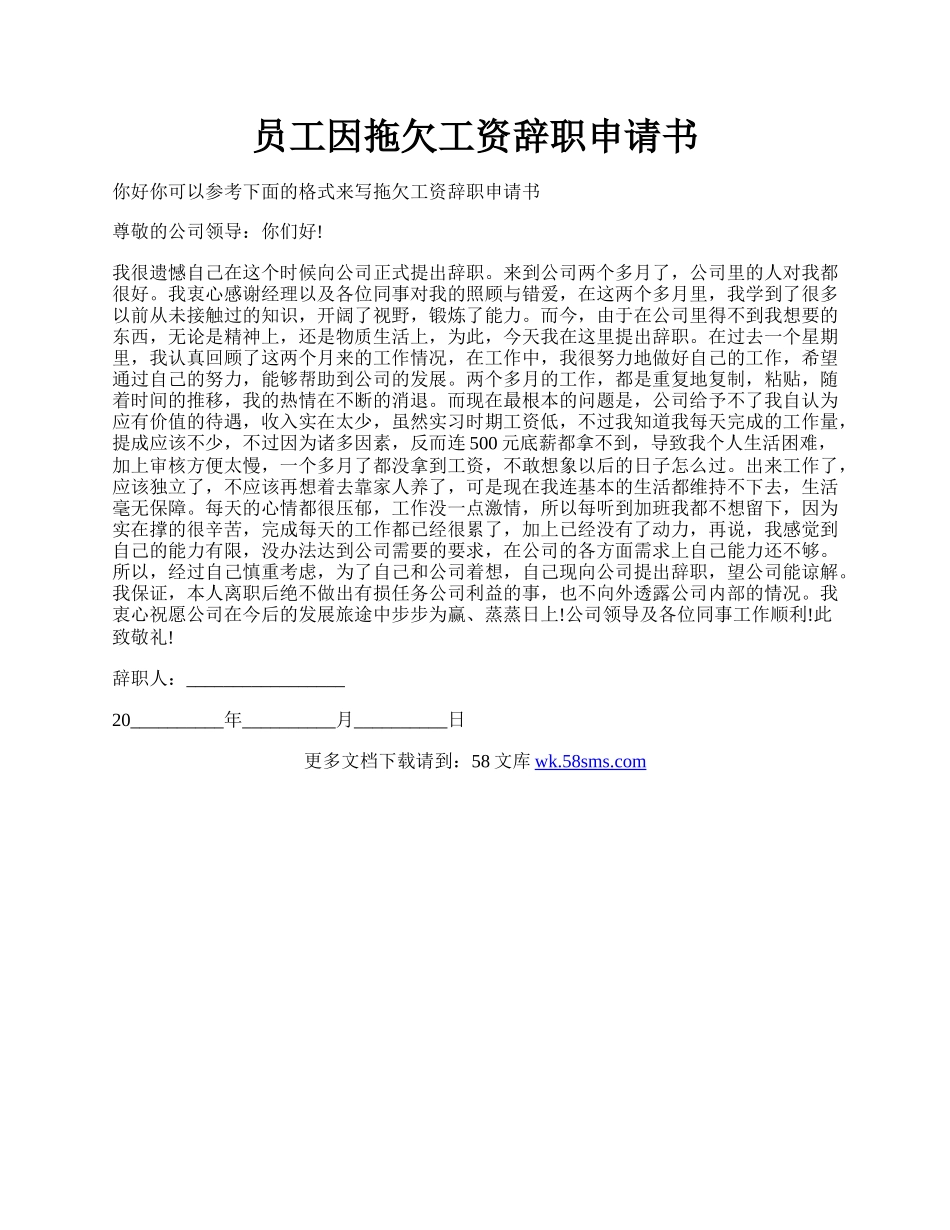 员工因拖欠工资辞职申请书.docx_第1页