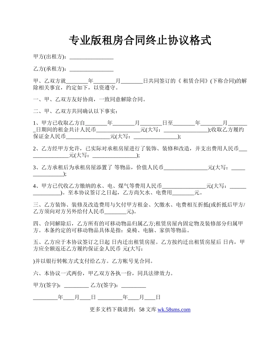 专业版租房合同终止协议格式.docx_第1页