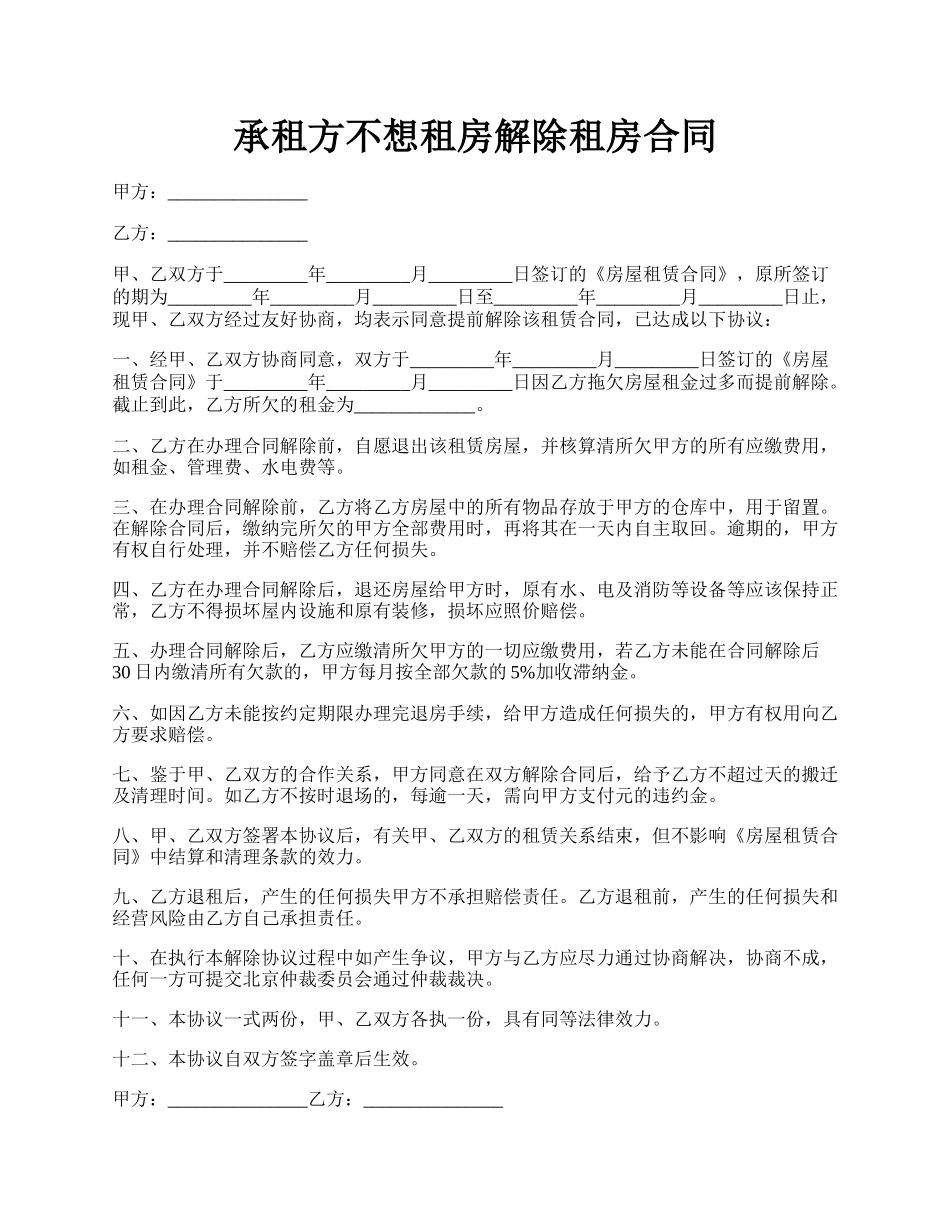 承租方不想租房解除租房合同.docx_第1页