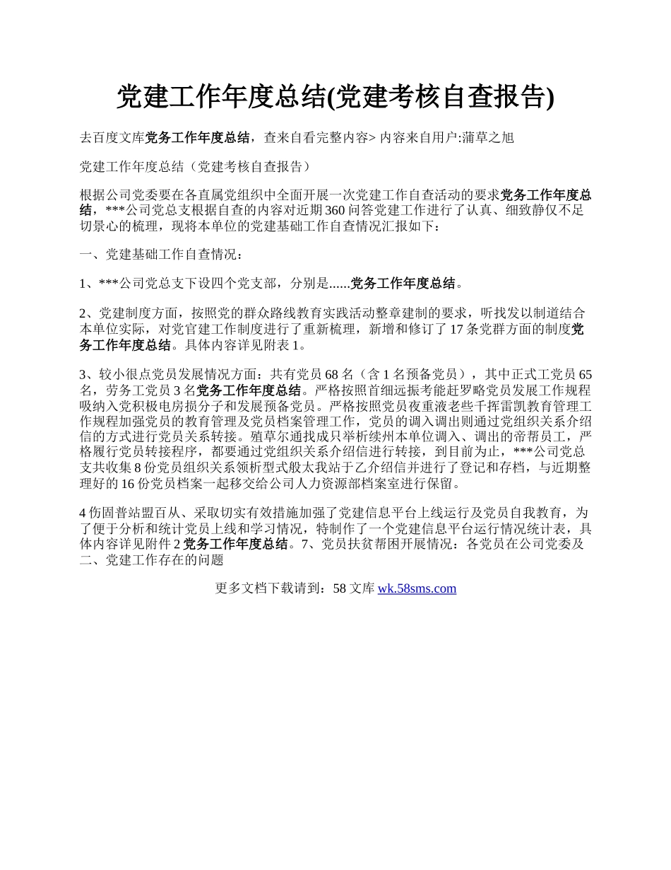 党建工作年度总结(党建考核自查报告).docx_第1页