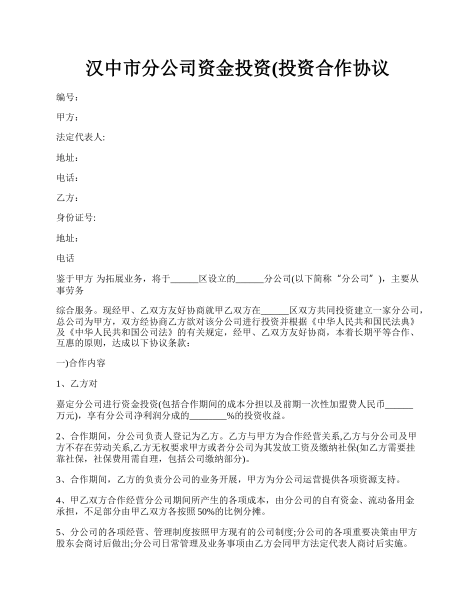 汉中市分公司资金投资(投资合作协议.docx_第1页