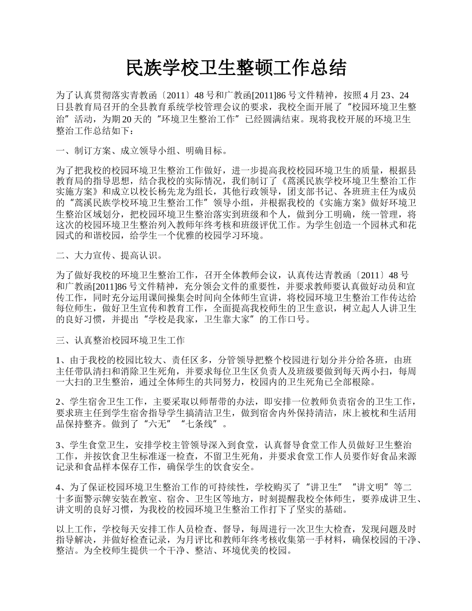 民族学校卫生整顿工作总结.docx_第1页