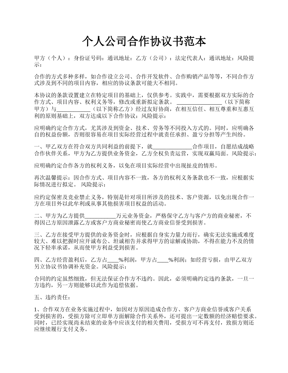 个人公司合作协议书范本.docx_第1页