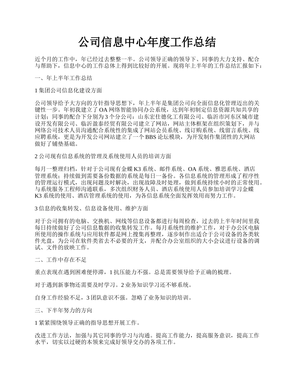 公司信息中心年度工作总结.docx_第1页