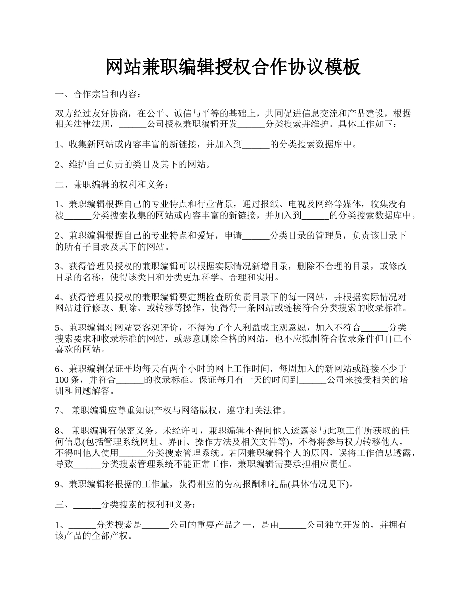 网站兼职编辑授权合作协议模板.docx_第1页