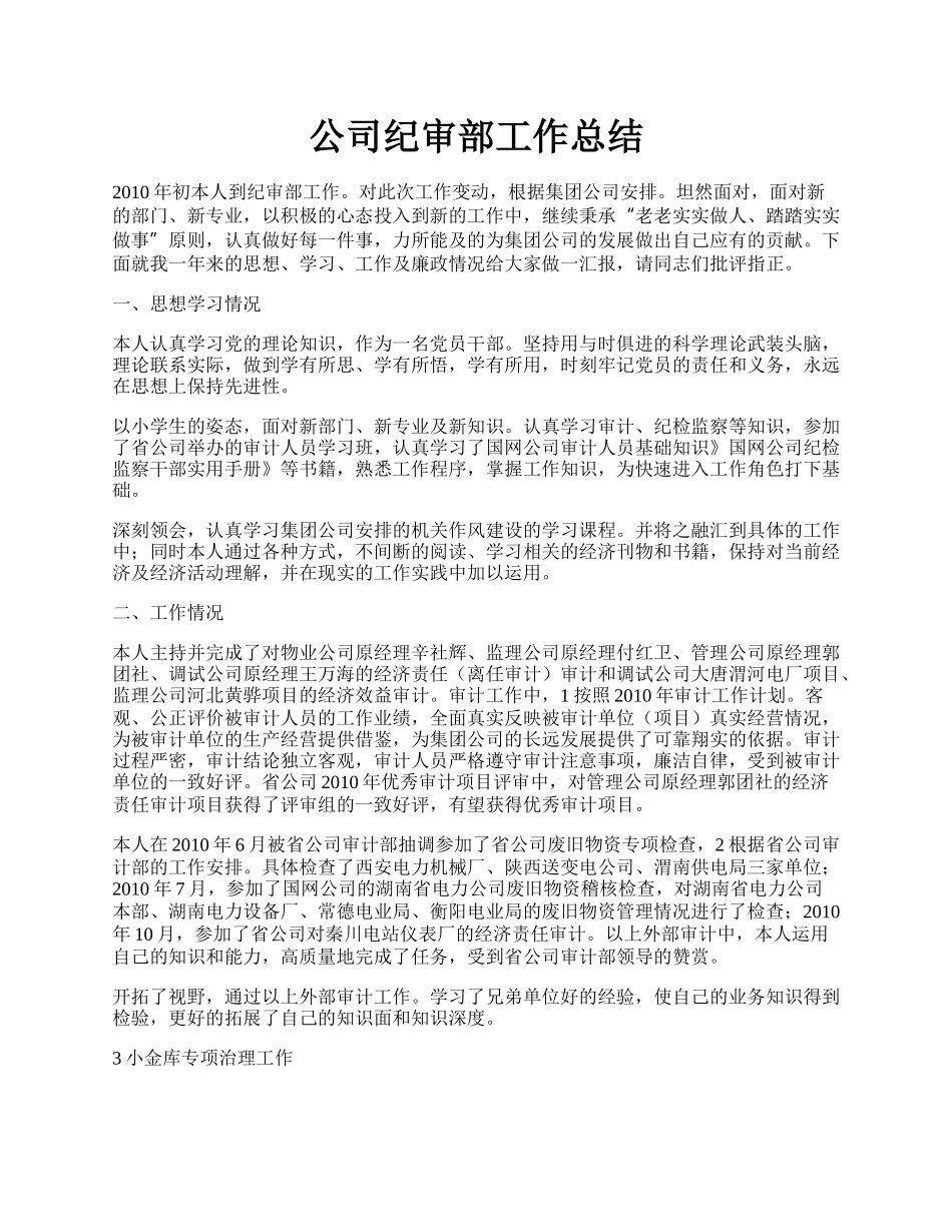 公司纪审部工作总结.docx_第1页