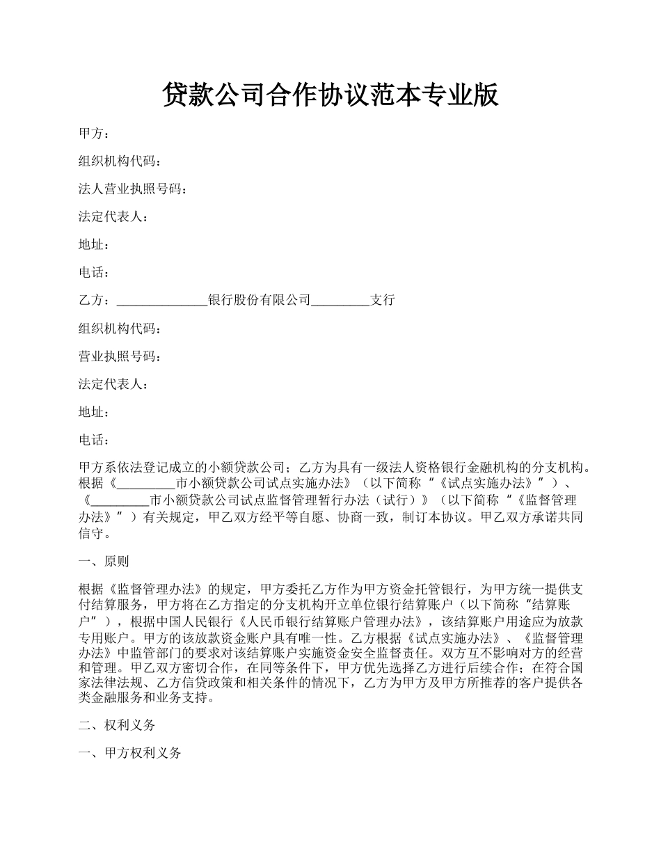 贷款公司合作协议范本专业版.docx_第1页