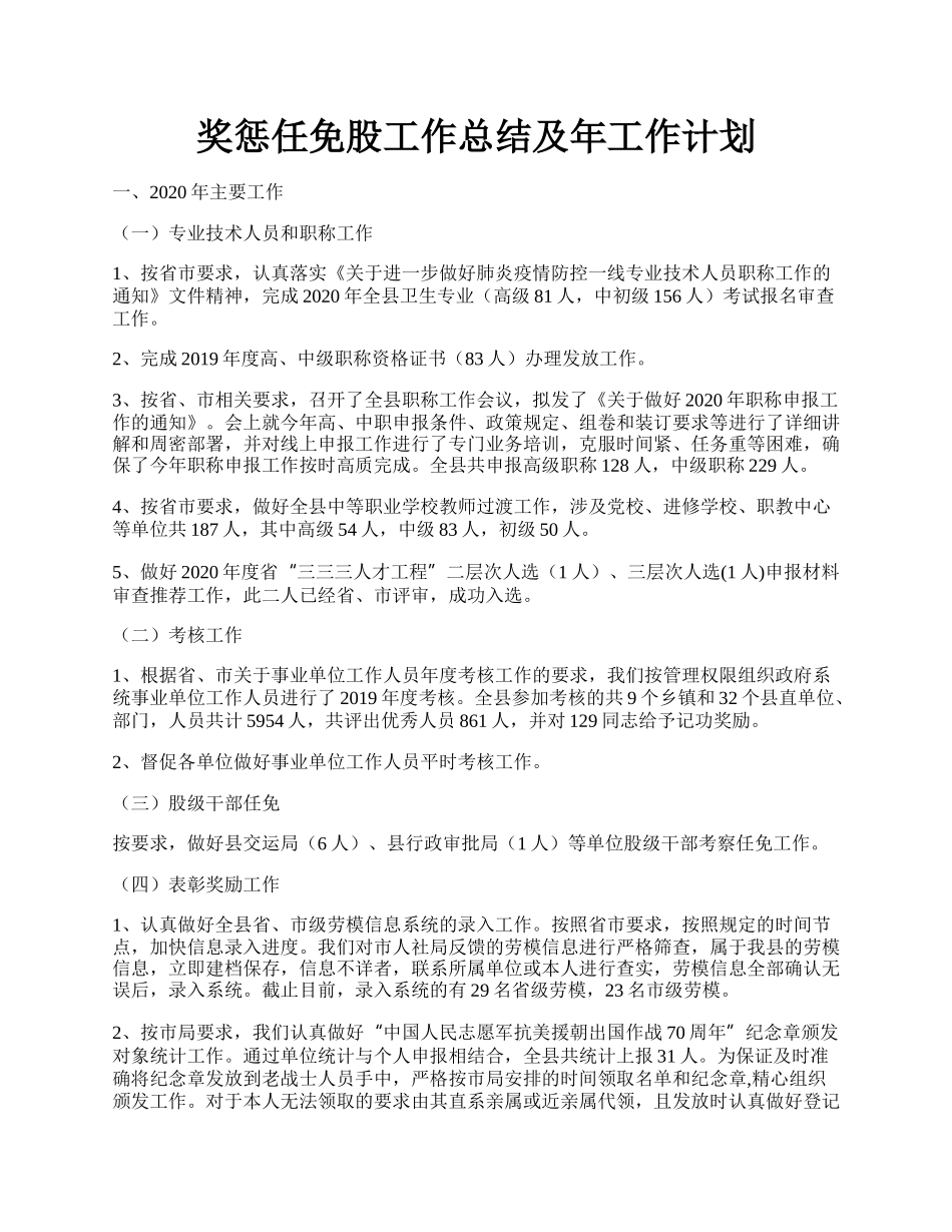 奖惩任免股工作总结及年工作计划.docx_第1页