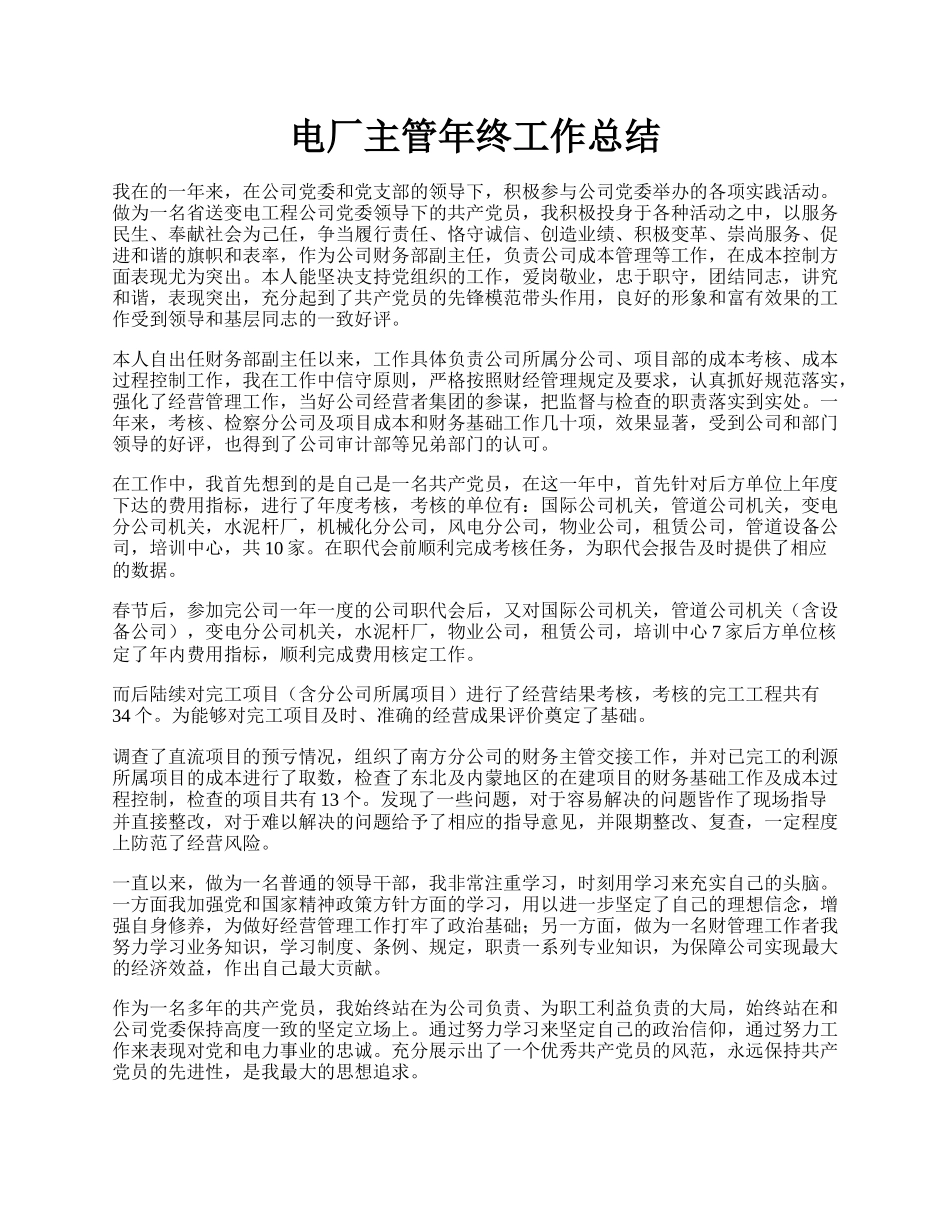 电厂主管年终工作总结.docx_第1页