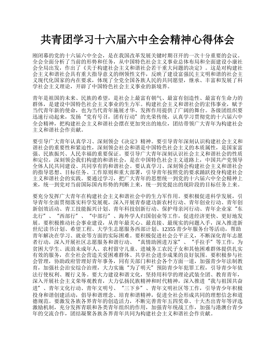 共青团学习十六届六中全会精神心得体会.docx_第1页