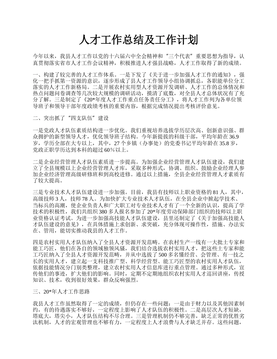 人才工作总结及工作计划.docx_第1页