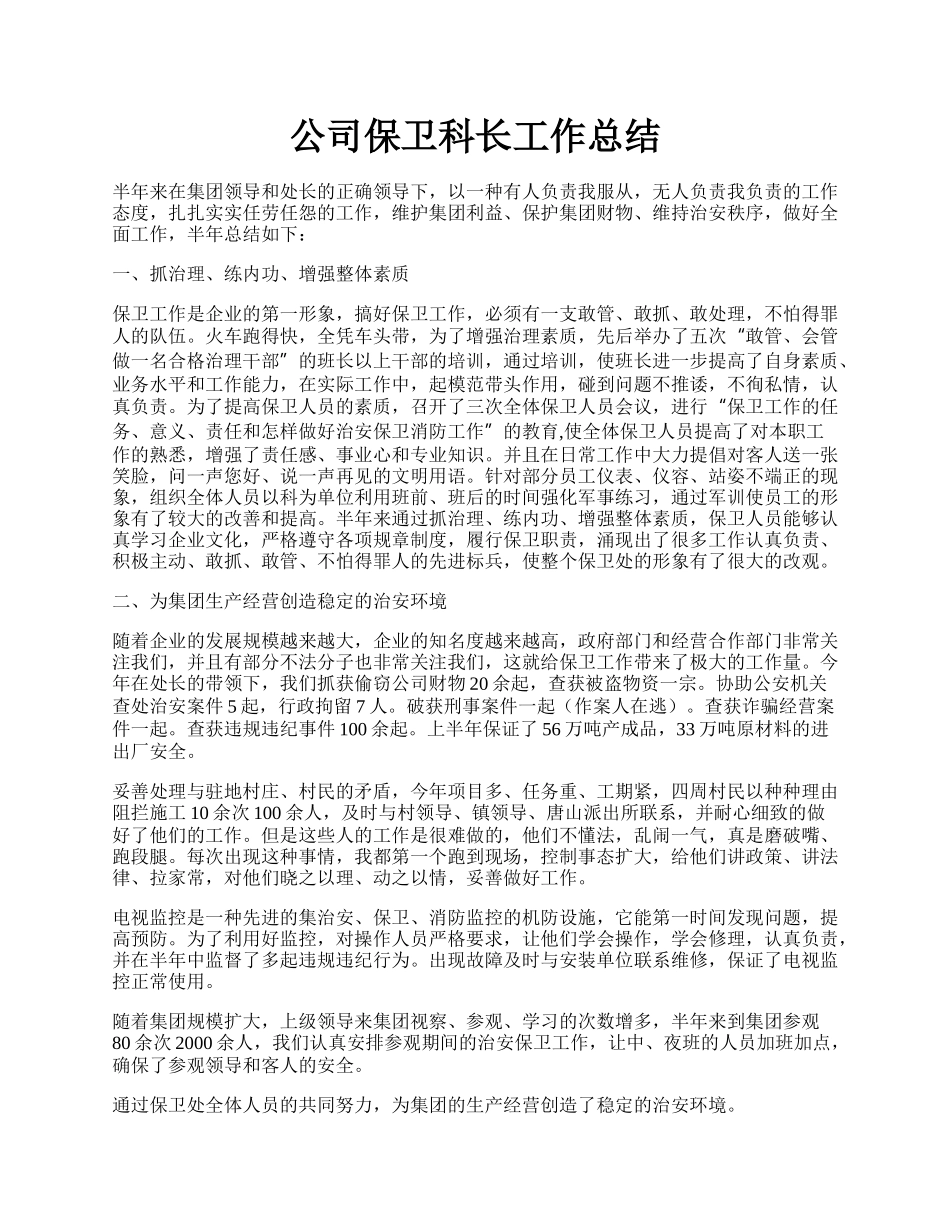 公司保卫科长工作总结.docx_第1页