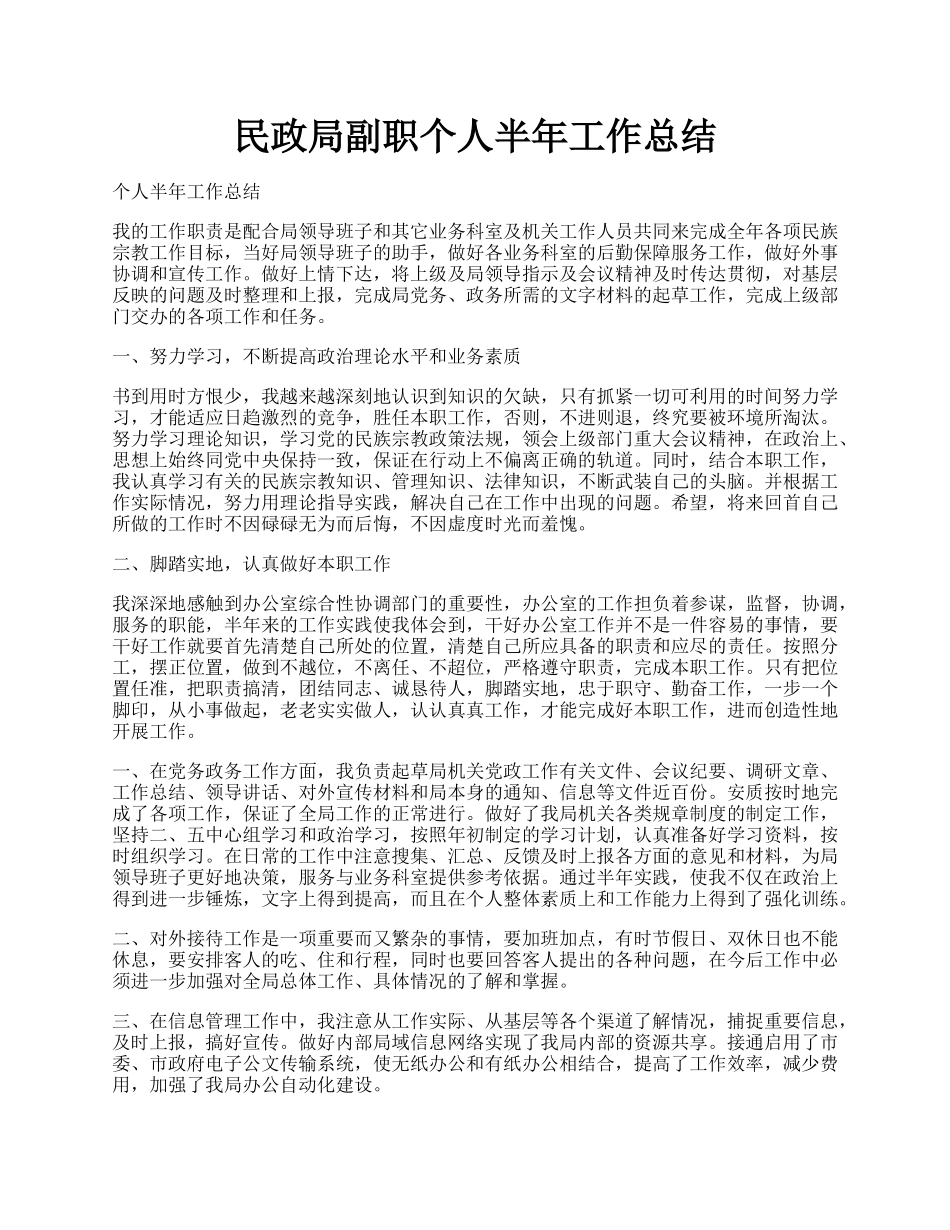 民政局副职个人半年工作总结.docx_第1页