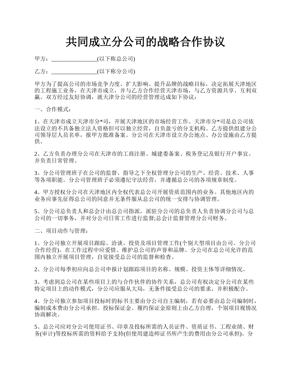 共同成立分公司的战略合作协议.docx_第1页