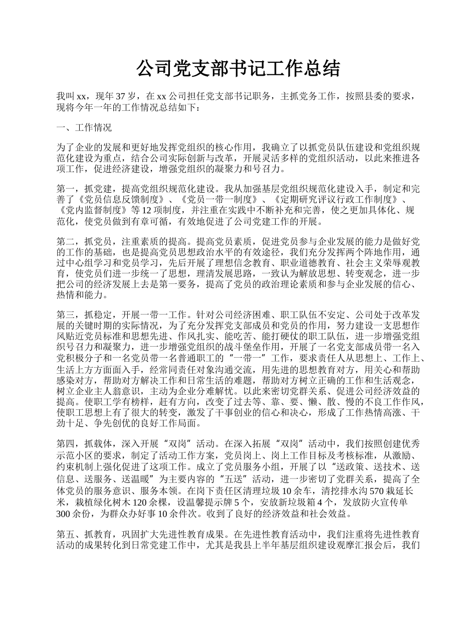 公司党支部书记工作总结.docx_第1页