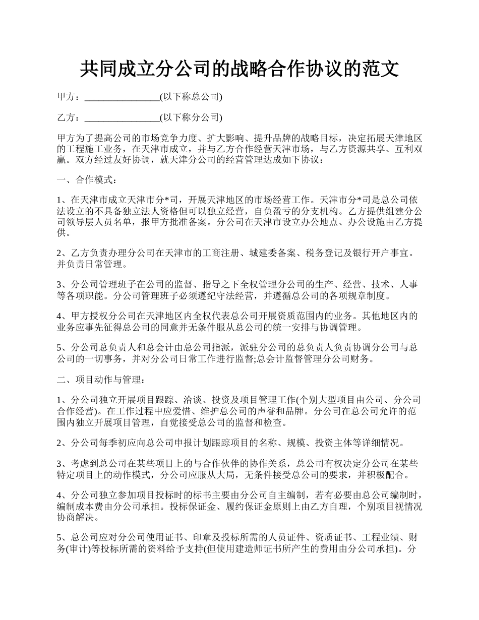 共同成立分公司的战略合作协议的范文.docx_第1页