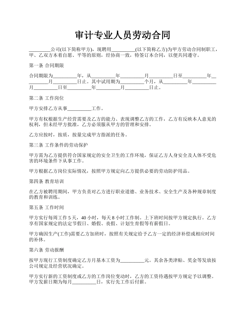 审计专业人员劳动合同.docx_第1页