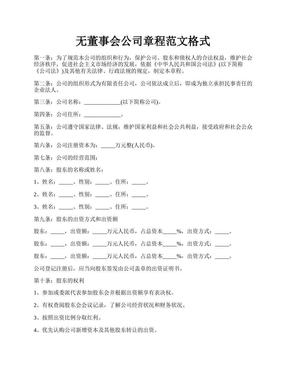 无董事会公司章程范文格式.docx_第1页