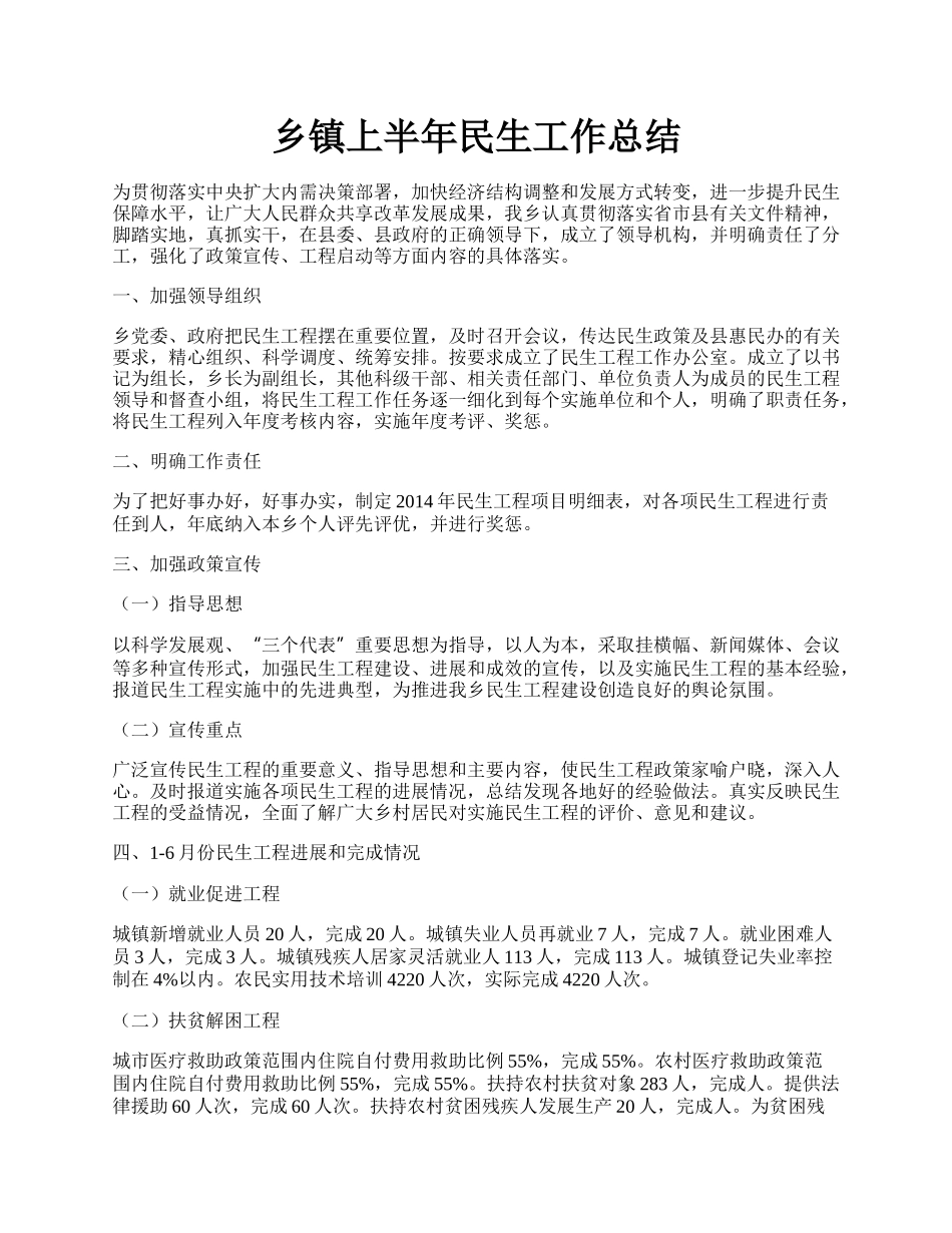 乡镇上半年民生工作总结.docx_第1页