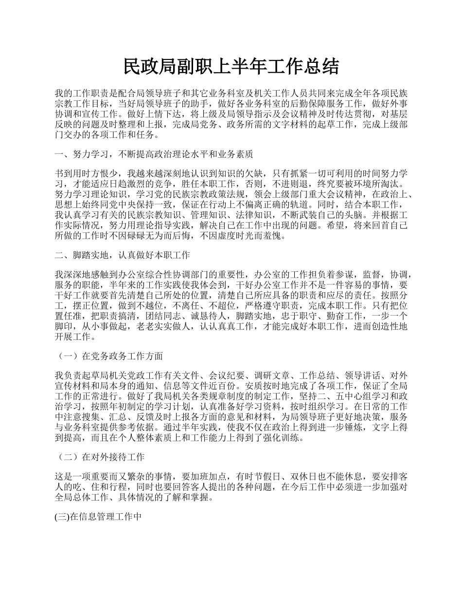 民政局副职上半年工作总结.docx_第1页